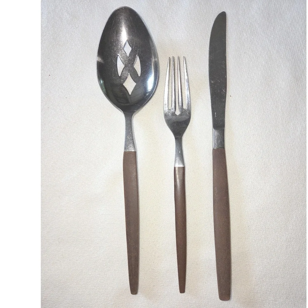 Ekco Eterna Flatware‎ Set 3 Brown MCM Canoe Muffin Stainless Japan Good Vintage